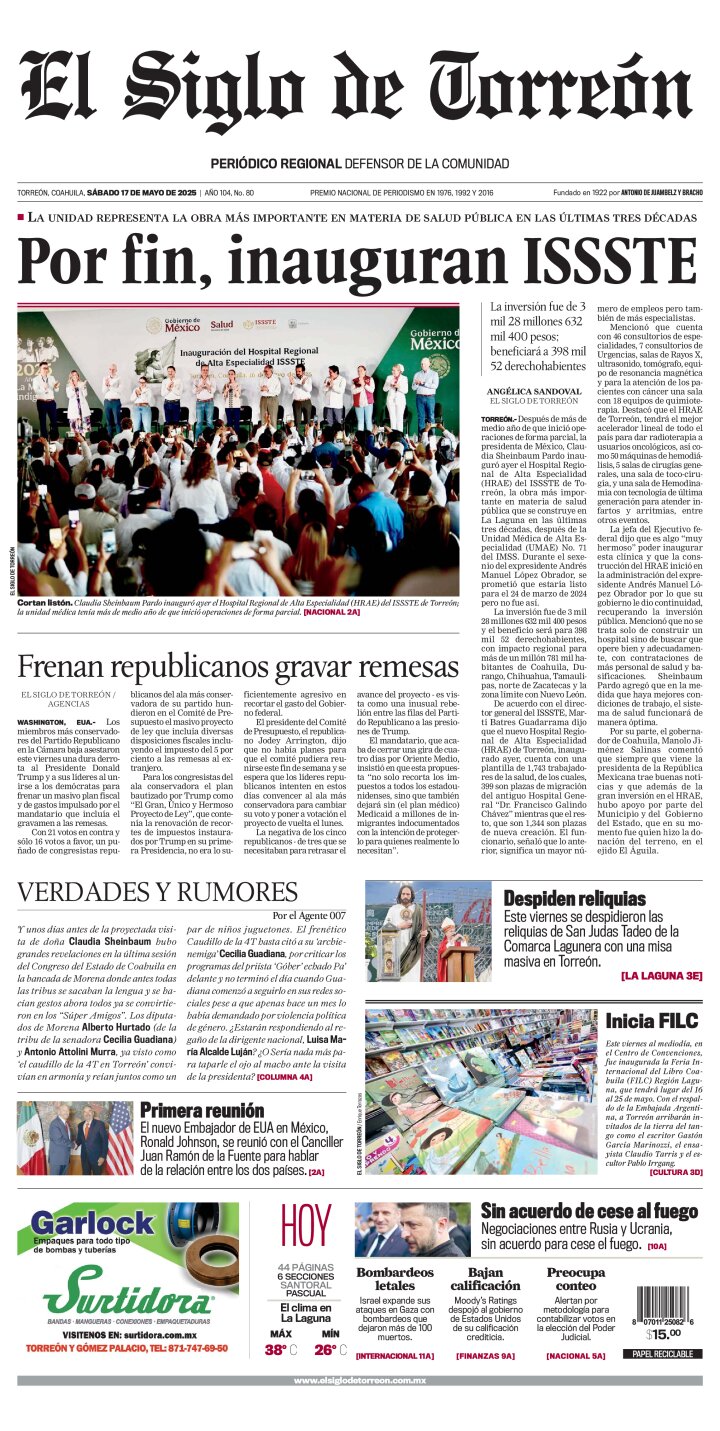 Edición impresa de El Siglo de Torreón, sábado 17 de mayo de 2025