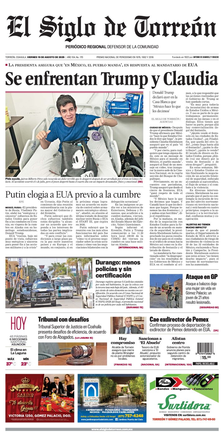 Edición impresa de El Siglo de Torreón, viernes 15 de agosto de 2025
